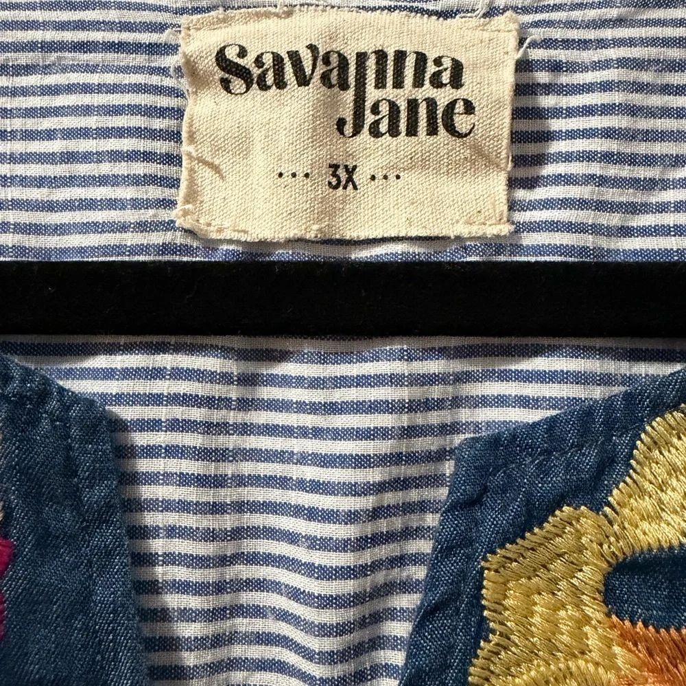 Savanna Jane Blue Striped Top with Floral Embroidery 3X - Picture 2 of 4